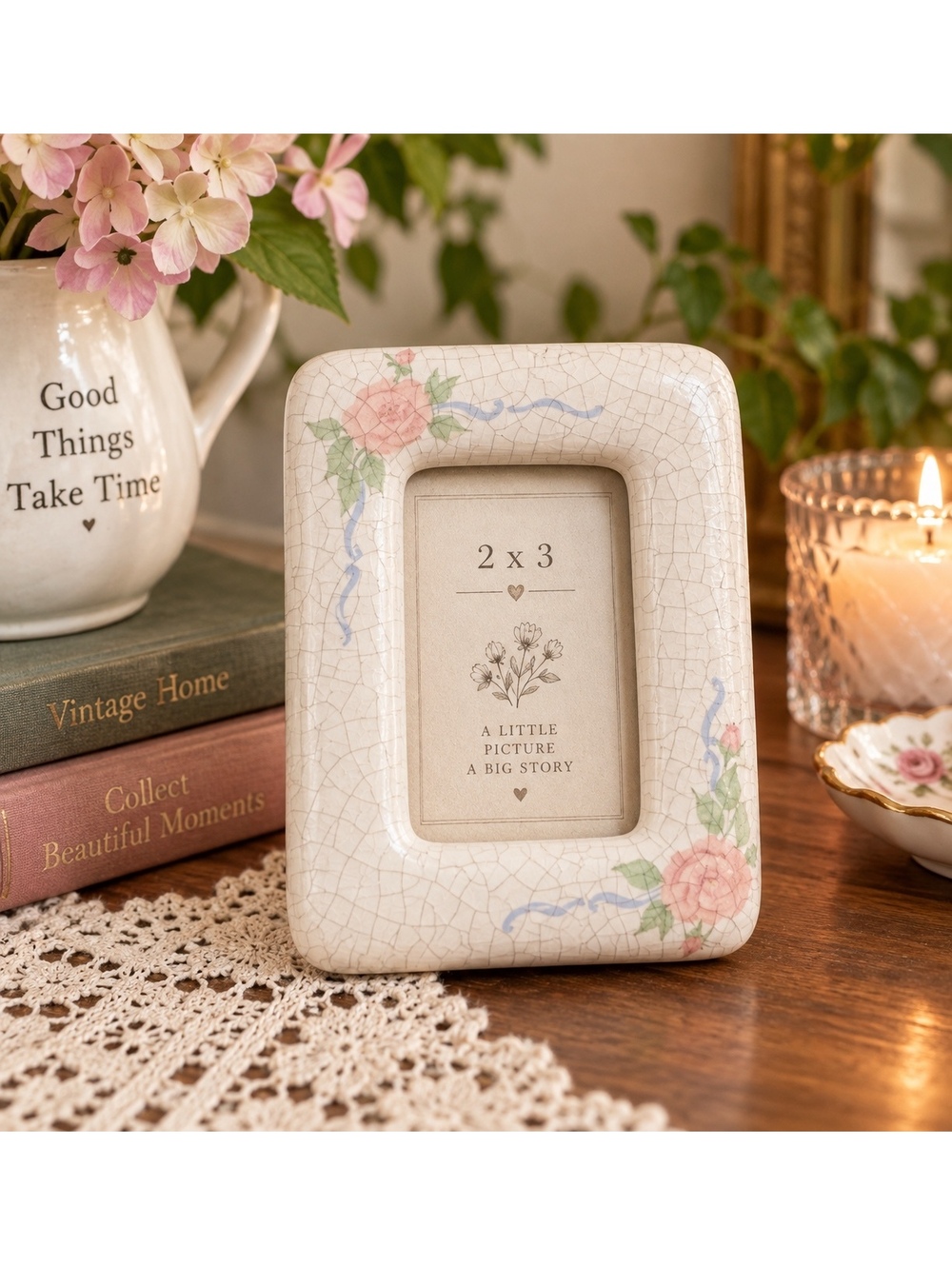 Vintage Fetco 2x3 Picture Frame Crackle Glaze Floral Rose Made in Thailand